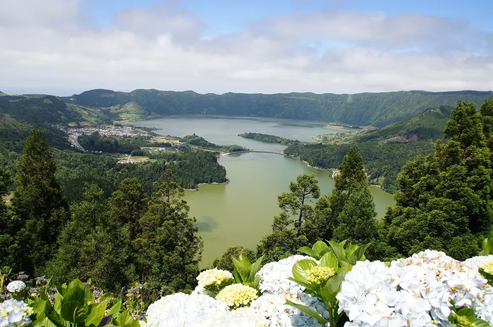 Kratersee von Sete Cidades mit weißen Hortensien im Vordergrund